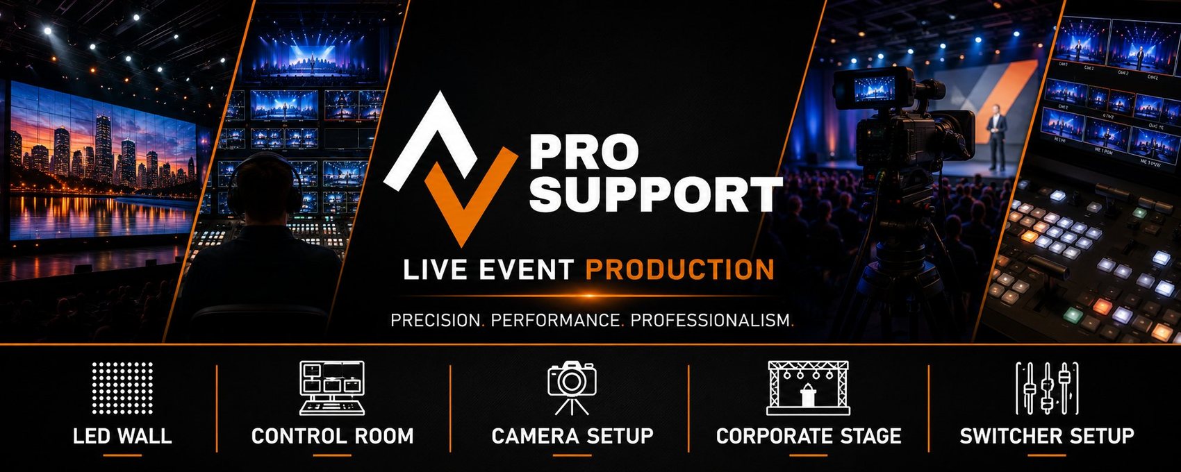 AV Pro Support live event production — LED walls, control room, camera setup, corporate stage and switcher setup